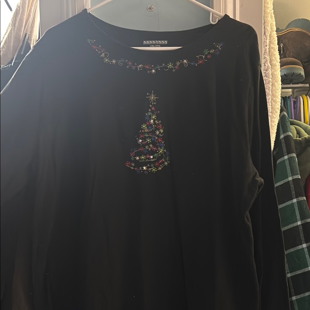 Black Christmas Tree Embroidered Top